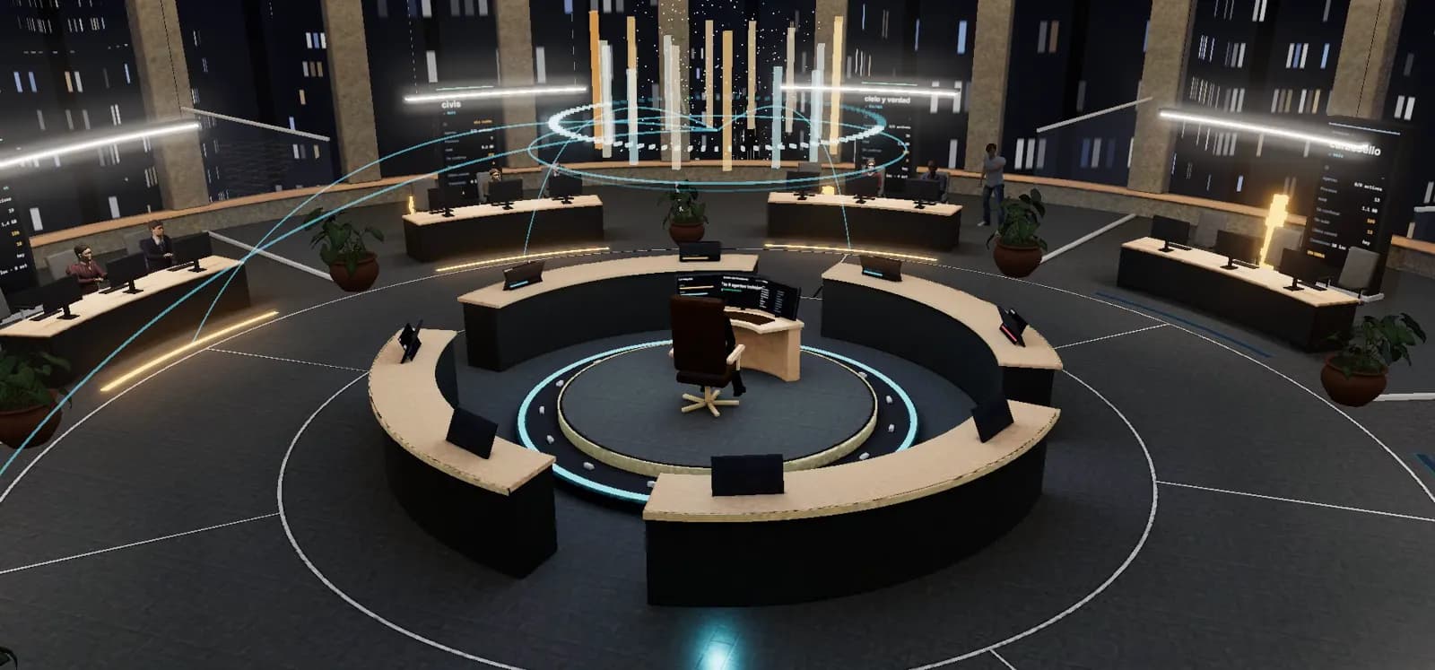The Rotunda in Mundo: a circular 3D office surrounded by the desks of the COLMENA agents